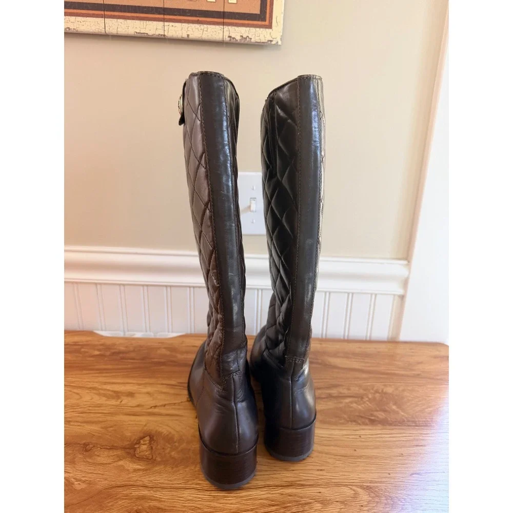 Tory Burch Kiernan Quilted Leather Riding Boots Brown Logo 8.5M